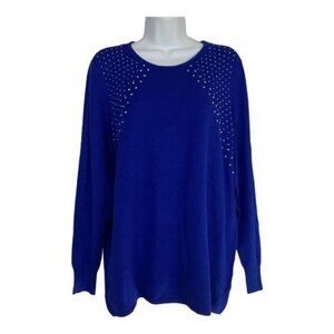 Jaclyn Smith Collection Blue Sweater Studded Detail Crew Neck Long Sleeve Size M